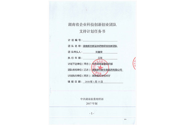 湖南省企業(yè)科技創(chuàng)新創(chuàng)業(yè)團隊支持計劃任務(wù)書